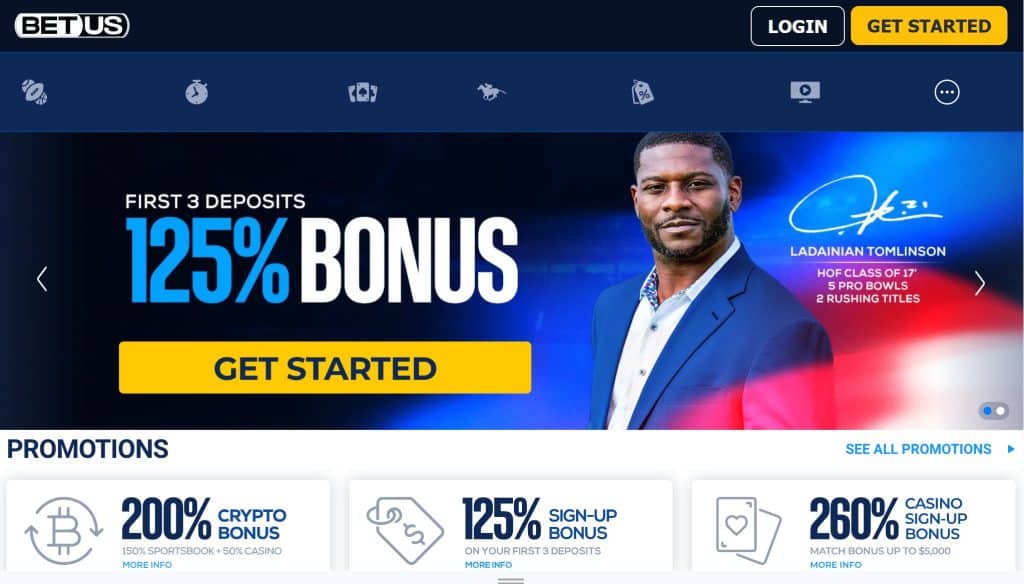 BetUs Georgia sportsbook online homepage snapshot showing a welcome offer and other ongoing promotions