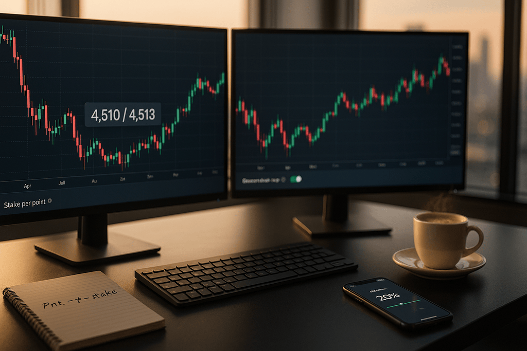 Trading desk showing bid–ask spread, stake per point, and guaranteed stop-loss—visual explanation of how spread betting works with leverage and margin.