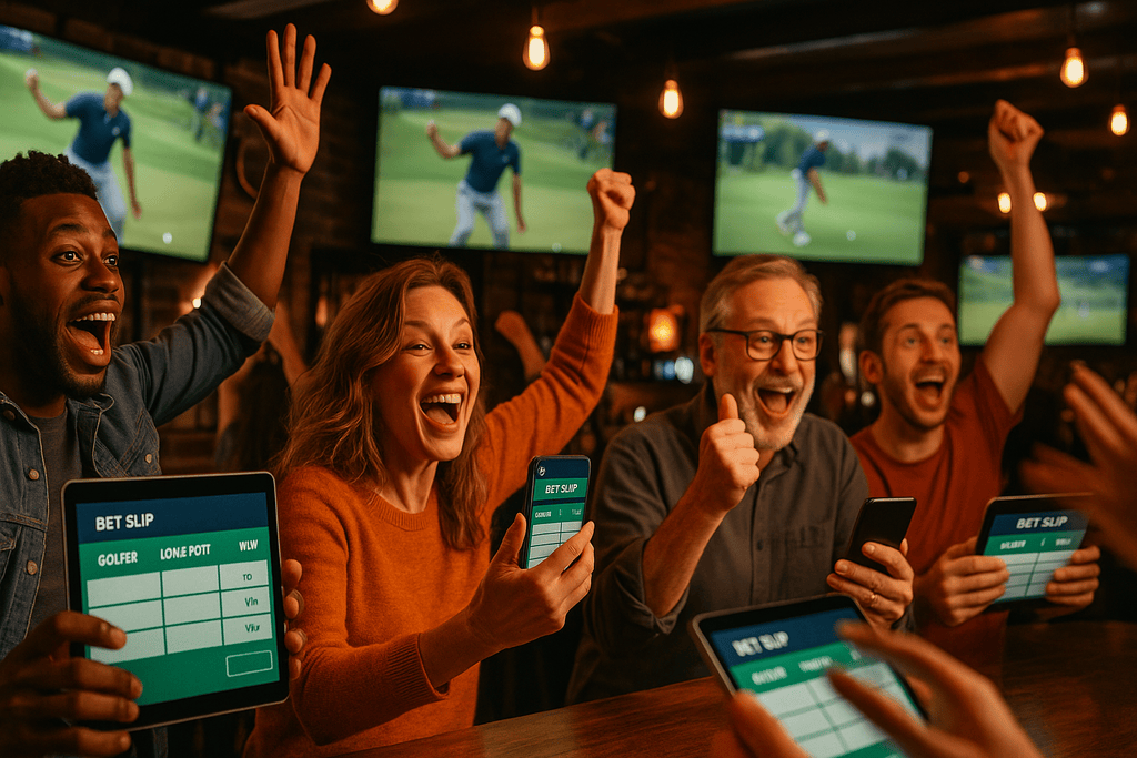 Fans in a sports bar watching a golf major and placing online bets on phones, showcasing social live betting and top golf betting sites.