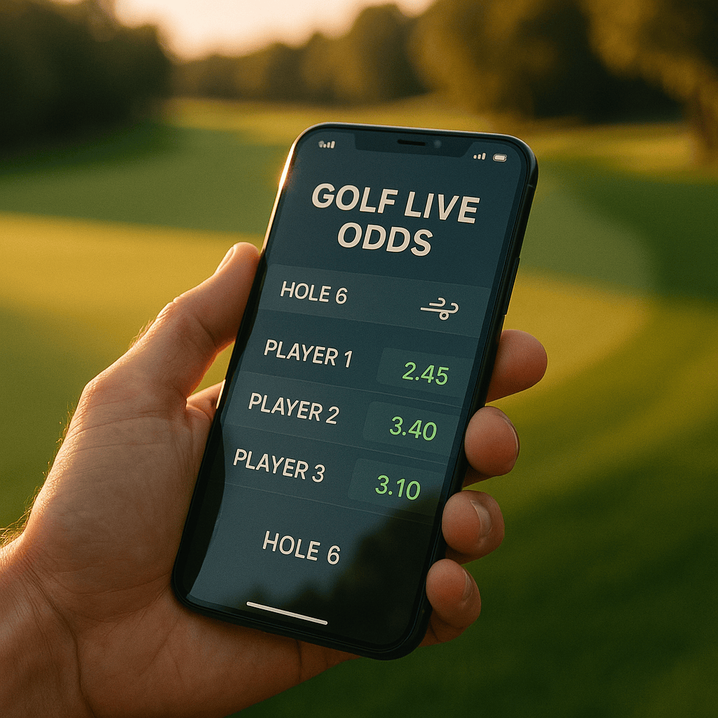 Mobile phone showing live golf betting odds beside a fairway during golden hour, highlighting real-time wagering on online sportsbooks in 2025.